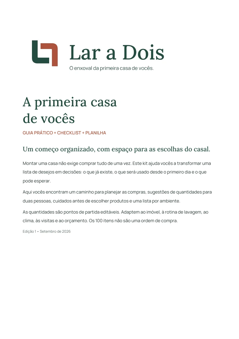 Capa real do guia A primeira casa de vocês, com orientações para montar a casa sem comprar tudo de uma vez.